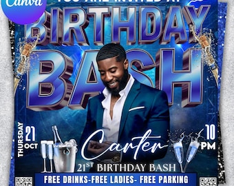 Men's Birthday Bash Flyer: Event, Club, Party Template (Canva Template)