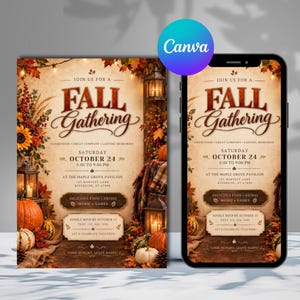 May include: A digital invitation template for a Fall Gathering on October 24, featuring autumn leaves, pumpkins, and lanterns. The text includes event details, location at The Maple Grove Pavilion, and RSVP information with a phone number.