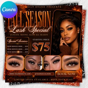 Puede incluir: Un folleto promocional para una oferta especial de pestañas de otoño con un retrato, cuatro primeros planos de ojos, el precio inicial de $75, espacios para servicios, sitio web, redes sociales y un botón de reservar ahora.