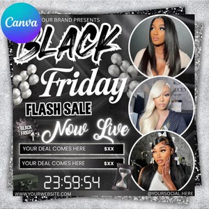 Puede incluir: Anuncio de rebajas del Black Friday con tres retratos de mujeres. El diseño presenta las palabras "Black Friday" en blanco, junto con "Flash Sale Now Live". También se incluye un temporizador de cuenta atrás y una dirección web.