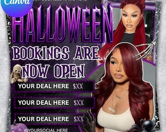 May include: A Halloween-themed promotional graphic with the text "HALLOWEEN BOOKINGS ARE NOW OPEN." The design incorporates images of two women, a mummy, a pumpkin, and a spider. The colour scheme is predominantly purple and black.