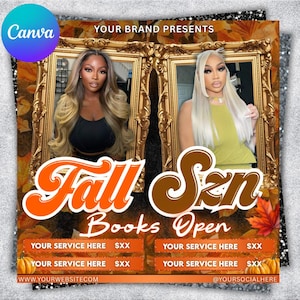 May include: An autumn-themed promotional graphic with two framed portraits of women. The text "Fall Szn Books Open" is displayed in orange and brown. Additional text includes "Your Service Here" and website and social media information.