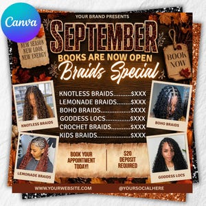 May include: A promotional flyer for September hair braiding services featuring a dark wood background with autumn leaves. It lists services including knotless, lemonade, and boho braids, goddess locs, and crochet braids with photos of each style.