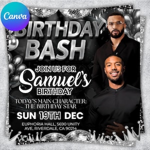 May include: A black and silver birthday party invitation with the text "BIRTHDAY BASH" and "Samuel's BIRTHDAY". The invitation includes images of two men and disco ball graphics. The date is December 19th.
