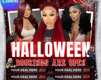 May include: A promotional flyer for Halloween bookings. The design features three women, the word "HALLOWEEN" in large red letters, and the phrase "BOOKINGS ARE OPEN." Additional text includes website and social media handles, and price placeholders.