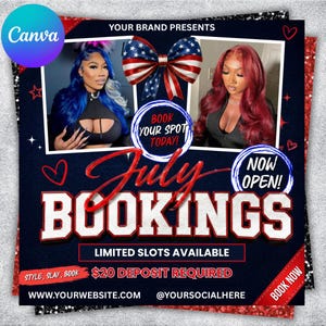 Puede incluir: Un folleto promocional para reservas de julio con dos fotos de personas con cabello azul y rojo vibrante. El diseño incluye un lazo patriótico y el texto "BOOK YOUR SPOT TODAY!", "JULY BOOKINGS", "NOW OPEN!" y "LIMITED SLOTS AVAILABLE".