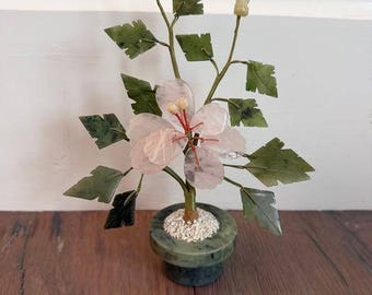 Vintage Chinese Miniature Gemstone Bonsai Tree with Pink Flower - Jade, Rose Quartz -7" tall x 5' wide