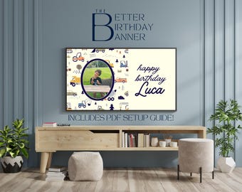 Personalized Birthday Art for Samsung Frame TV (Digital Download) - Custom Digital Birthday Banner for TV - Construction or monster trucks