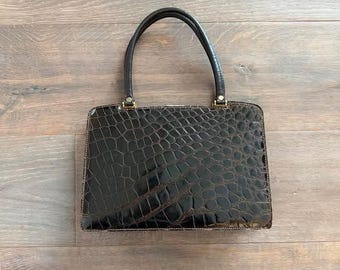 Vintage Brown French Crocodile Patent Leather Classic Handbag Purse, 1950s 1960s, 12"x 8"