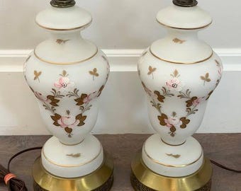 Pair of Vintage Mid 20th Century Hand Painted Satin Table Lamps - Western Germany, Israel