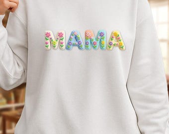 Floral Knit Mama Sweatshirt | Soft Pastel Cozy Mom Sweater, Embroidered Look Letters, Cute Spring Gift for Mothers, Aesthetic Mama Pullover