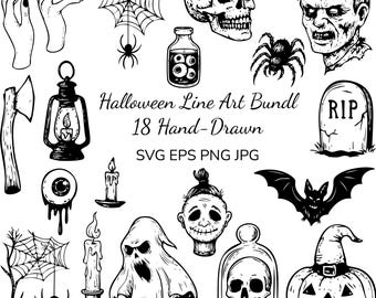 Halloween Sketch Bundle – 18 Hand-Drawn Illustrations, Spooky Clipart, EPS SVG PNG jpg