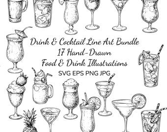 Drink Line Art Bundle – Hand-Drawn Coffee, Wine & Cocktail Illustrations, Bar Clipart Set for Menu, Posters, Café Design (SVG, PNG, EPS)