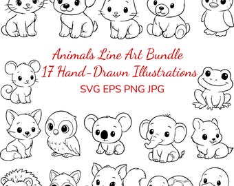 Cute Animals Line Art Bundle – 17 Hand-Drawn Illustrations | SVG, EPS, PNG Digital Download for Cricut and Crafts