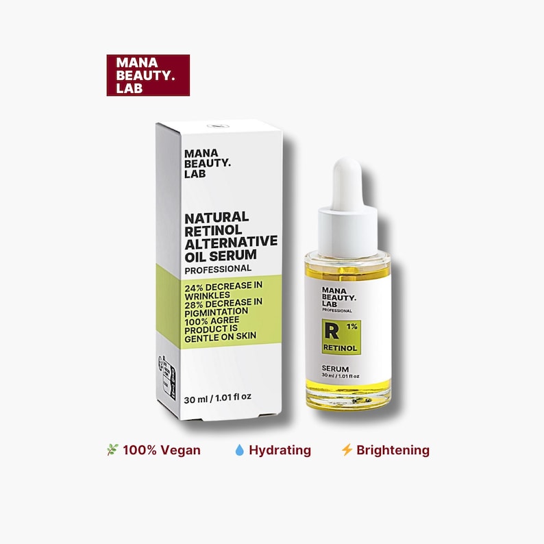May include: A white box and a clear glass bottle of Mana Beauty Lab Natural Retinol Alternative Oil Serum. The box has text that reads "24% decrease in wrinkles" and "100% agree product is gentle on skin." The bottle contains 30 ml / 1.01 fl oz.