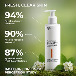 May include: A white bottle of clarifying gel cleanser with a pump dispenser. The label reads "CLARIFYING GEL CLEANSER WITH ALOE BARBADENSIS PROFESSIONAL". The bottle is 6.75 fl oz. The image includes text about skin benefits.