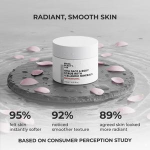 May include: A white jar of AHA Face & Body Scrub with Icelandic Minerals, labeled "Professional" and containing 5.75 fl oz. The jar sits on a dark, textured surface with pink petals. Text reads "Radiant, Smooth Skin."
