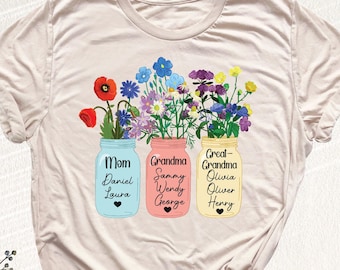 Personalized Grandma Grandkids Names Shirt, Custom Mom Floral Jar Tee, Great Grandma Tshirt, Mothers Day Shirt, Nana Birthday Outfit
