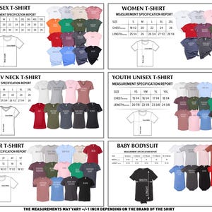 May include: A graphic displaying size charts for t-shirts, including unisex, women's, youth, toddler, and baby bodysuits. Each chart shows chest and length measurements in inches, with a variety of colours available.