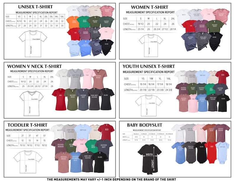 May include: A graphic displaying size charts for t-shirts, including unisex, women's, youth, toddler, and baby bodysuits. Each chart shows chest and length measurements in inches, with a variety of colours available.