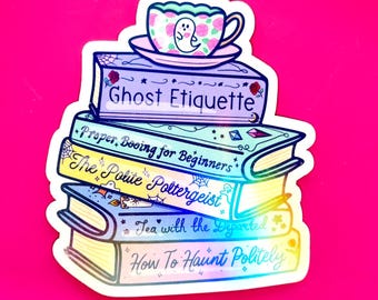 Ghost Book Reading Sticker, Cute Halloween Vinyl Decal, Pastel Goth Reader Art, Ghost Tea Cup & Haunted Bookstack, Handdrawn Book Lover Gift