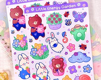 Kawaii Garden Sticker Sheet, Planner Stickers for Journals, Notebooks, Gift for Penpal Friends, Cute Bear, Frog & Bunny Original Artwork