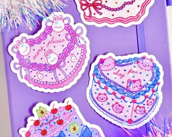 Coquette Cake Sticker – Kawaii Animal Dessert Vinyl Sticker, Bear Bunny Frog Cat, Cute Aesthetic Journal & Laptop Decal - Choose 1 or Bundle
