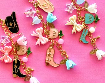 Flower Cowgirl Keychain, Floral Phone & eReader Charms, Bag and Purse Accessory, Western Coquette Gift, Cute Rodeo Aesthetic
