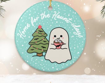 Spookachtig gezellig kerstornament, feestelijk cadeau voor Halloweenliefhebbers, schattig spookachtig aandenken, gotisch kerstboomornament, handgetekend cadeau