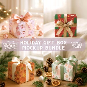 May include: A collection of four holiday gift boxes with various patterns and ribbon colors. The boxes are decorated with festive designs, including trees, ornaments, and autumn leaves. The image includes text that reads "HOLIDAY GIFT BOX MOCKUP BUNDLE".