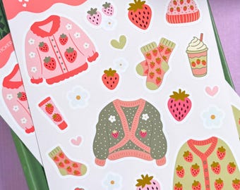 Cozy Strawberry Sticker Sheet – Cottagecore Journal Stickers, Aesthetic Planner & Scrapbook Decor, Small Gift for Friends and Penpals