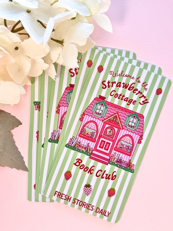 Strawberry Cottage Book Club Bookmark, Cottagecore Reading Gift, Book Club Ticket Design, Pink Strawberry House Artwork, Strawberry Coquette