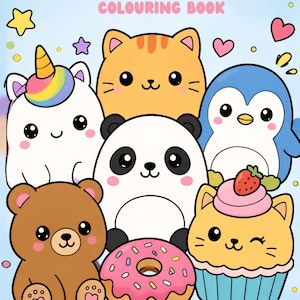 Può includere: Un libro da colorare azzurro intitolato SQUISHY COLOURING BOOK con illustrazioni di un unicorno bianco, un gatto arancione, un pinguino blu, un panda, un orso marrone, una ciambella rosa e un cupcake a forma di gatto con cuori e stelle.