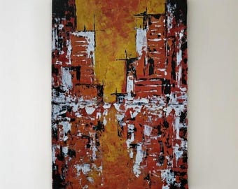 Vibrant Cityscape Abstract Acrylic Painting – Unframed Urban Wall Art (A4)