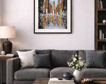 Stampa artistica di paesaggio urbano astratto con cornice nera – Decorazione per la casa Wabi Sabi – Riproduzione di un dipinto originale