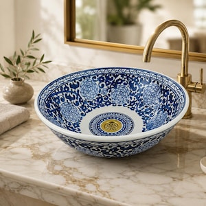 Hand-Painted Blue Zellige Ceramic Vessel Sink, Moroccan Floral Bathroom Basin