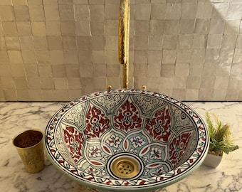 Handmade Moroccan Ceramic Sink – Red, White & Green Zellige Round Basin with Brass Accen