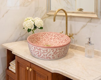 Rose Pink Handmade Moroccan Ceramic Vessel Sink, Hand-Painted Arabesque Countertop Basin