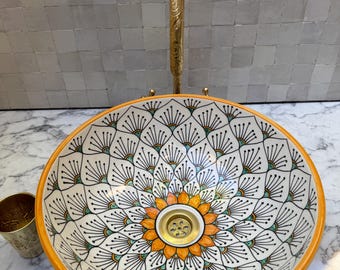 Lavabo in ceramica marocchina fatto a mano – Lavabo rotondo bianco e nero con motivi zellige arancioni, verdi e dorati