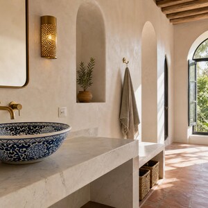 Hand-Painted Blue Zellige Ceramic Vessel Sink, Moroccan Floral Bathroom Basin