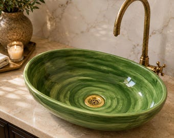 Sage Green Oval Ceramic Vessel Sink with Swirl Glaze Brass Drain, Artisan Countertop Washbowl