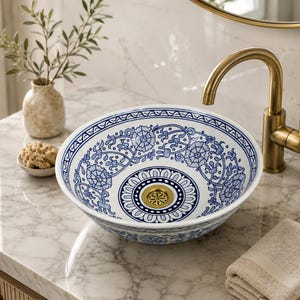 Lavabo de cerámica azul Zellige hecho a mano, lavabo de baño con diseño floral marroquí