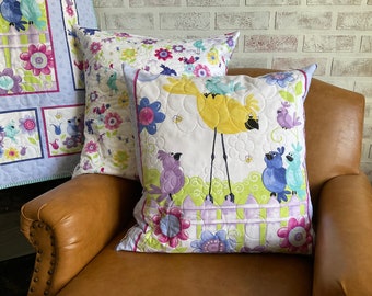 Whimsical Birds Quilted Pillow Cover