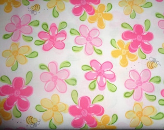 SUSYBEE Lal The Lamb 100% Cotton Fabric- Colorful Flowers-Adorable Bumblebees-Pink, Yellow, Green and White