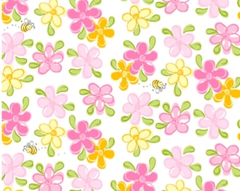 SUSYBEE Lal The Lamb 100% Cotton Fabric- Colorful Flowers-Adorable Bumblebees-Pink, Yellow, Green and White