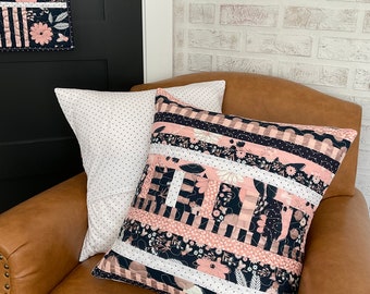 Navy and Pink Patchwork Quilted Pillow Cover