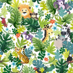 May include: A vibrant, whimsical pattern featuring a jungle theme with various cartoon animals. The design includes a lion, monkey, giraffe, zebra, hippo, cheetah, toucan, and crocodile, surrounded by lush green leaves and colorful flowers on a white background.