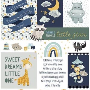 Its A Boy 100% Cotton Fabric Panel-Designed by Echo Park Paper Co for Riley Blake (P13255) Navy, Gold, Green, Stars, Animals