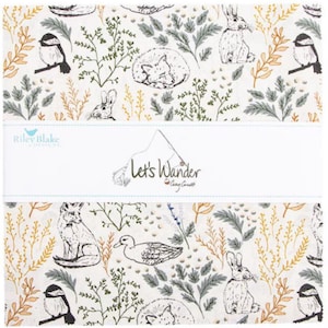 May include: A fabric panel featuring a repeating pattern of woodland creatures and foliage in shades of white, gray, and gold. The design includes foxes, rabbits, birds, and the text "Let's Wander". The Riley Blake Designs logo is also visible.