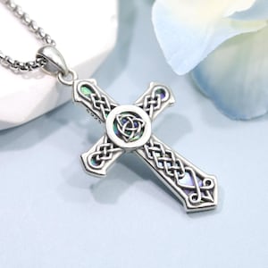 Celtic Cross Necklace Sterling Silver Abalone Shell Cross Pendant Irish Knot Christian Faith Jewelry Gift for Men Women